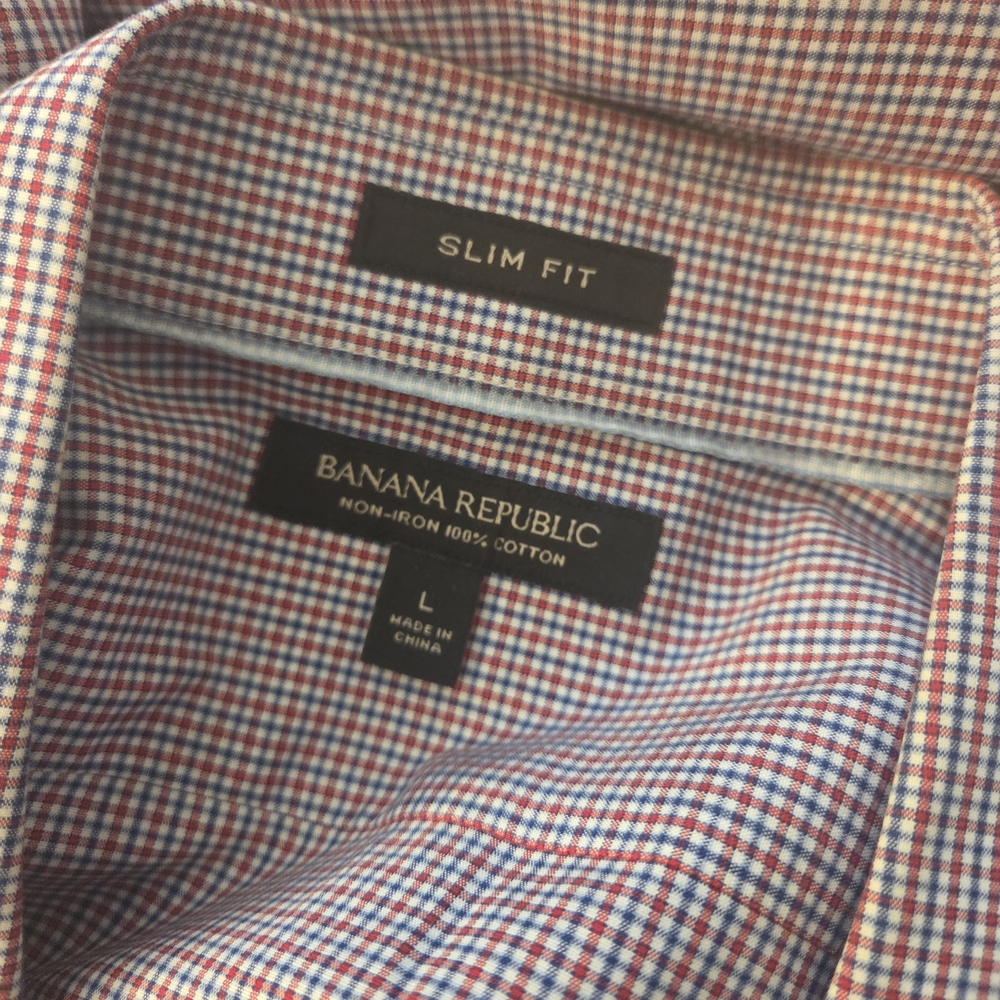 Banana Republic Large Slim Fit Non-Iron Cotton Dress Shirt Red Blue Check - Picture 3 of 4